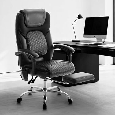 Крісло офісне шкіряне з масажем та підігрівом, регульоване, з підніжкою - для офісу та дому, чорне