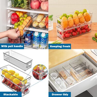 Організатор для холодильника набір з 8 предметів, високоякісний контейнер для зберігання в коморі з ручкою, прозорий Штабельований ящик для зберігання Орга
