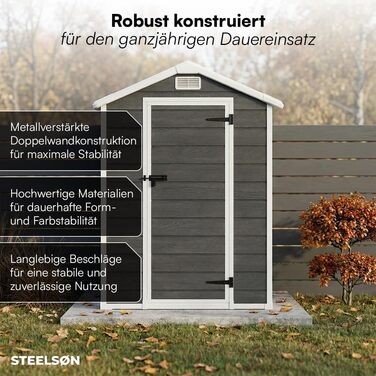 Садовий будиночок STEELSØN Novara 192x92x151 см – пластиковий сарай для інструментів з вікном, стійкий до погодних умов, темно-сірий