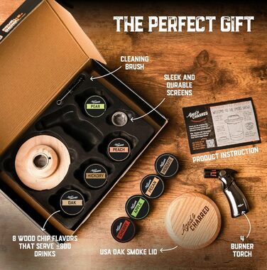 Набір для копчення віскі з факелом та сиропом у ретро-стилі – 8 смаків дерев'яної стружки – подарунок для чоловіків Bourbon, набір для копчення коктейлів – кришка з дубової деревини з США (без бутану), стандартний набір з ліхтариком