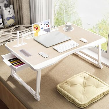 Складаний столик для ноутбука з USB-портом, ручкою, відділенням для карток, тримачем для напоїв та ящиком. Білий клен.