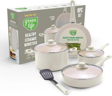 Набір кухонного посуду GreenLife Soft Grip 8 предметів: антипригарне покриття, кераміка, без ПТФЕ, для приготування, смаження, тушкування, з кришками, не нагріваються ручки