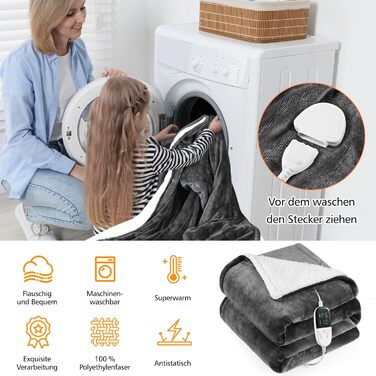 Електрична грілка з таймером 10 годин, 6 режимів нагріву, з пультом дистанційного керування, машинне прання, 133 x 155 см, сіра