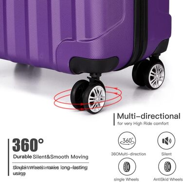 KONO Легкий ручний багаж, 55 x 35 x 20 см, жорсткий корпус, ABS, 4 колеса, ручна поклажа, валіза (фіолетовий)