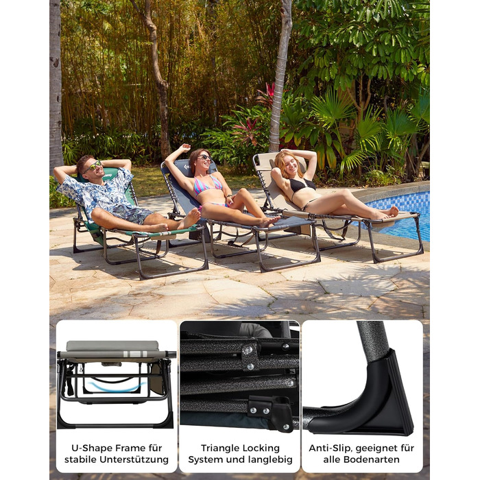 Шезлонг KingCamp великого розміру, розкладний, 5 положень, для саду, відпочинку, кемпінгу, з подушкою та кишенею, до 200 кг, 200 x 68 см, сірий