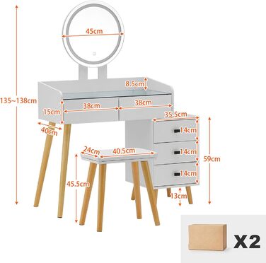 Туалетний столик TUKAILAI з підсвічуванням, табурет, світлодіодне дзеркало, висувні ящики, скляна стільниця, білий, для підлітків/жінок