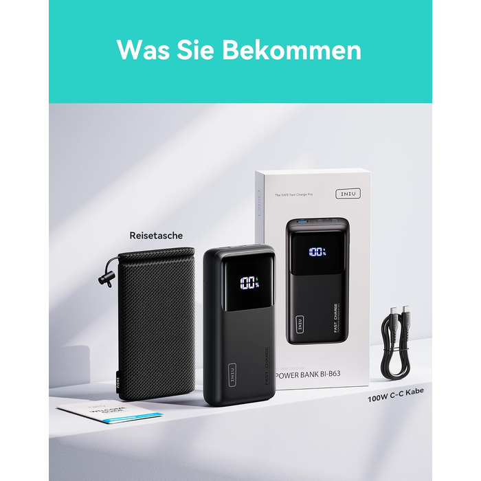 Портативний зарядний акумулятор INIU, 100W, 25000mAh, USB-C, для ноутбуків, телефонів, iPad, DJI, камер, iPhone, MacBook, Surface, Fire TV Stick, 25000 мАг, чорний