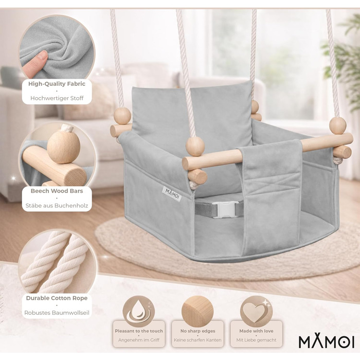 Дитяча гойдалка-крісло MAMOI® для дітей, дерев'яна гойдалка для дверного отвору, світло-сіра
