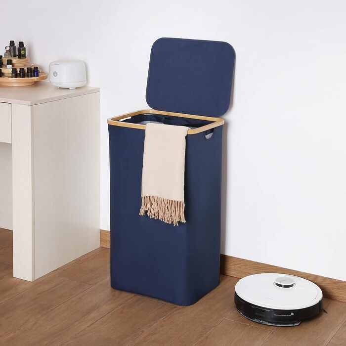 Кошик для білизни з кришкою Efluky, 100 л, блакитний, XL, з бамбуковими ручками та внутрішніми кишенями для сортування