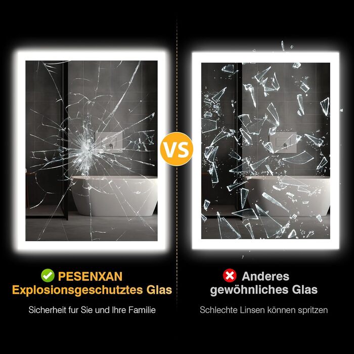 Дзеркало для ванної кімнати з підсвічуванням LED, антизапар, 2 кольори світла (3000K/6500K), нахильний вимикач, прямокутне, 45x60 см