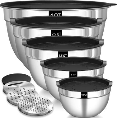 Набір мисок для перемішування 5 шт. з нержавіючої сталі, набір салатників з герметичними кришками, 3 насадки-тертки, об'єм 4.5L, 2.7L, 1.6L, 1.1L, 0.7L, скляні, розбірні, можна мити в посудомийній машині