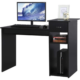 Комп'ютерний стіл 112 x 82 x 50 см, Офісний стіл з висувним ящиком, Робочий стіл 2 Полиці з МДФ, Стіл для ПК в чорному кольорі Schwawrz