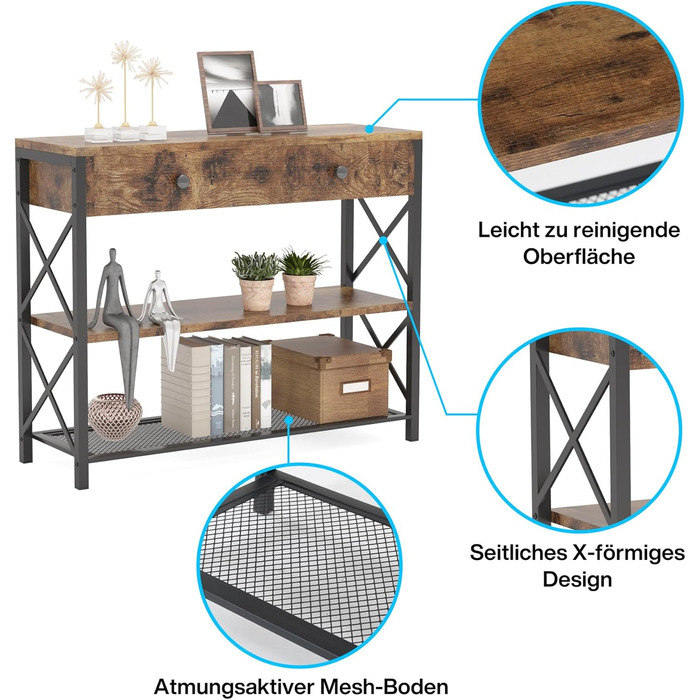 Консольний стіл Tribesigns з ящиком, 2 полиці, дерево та метал, сільський журнальний столик для вітальні