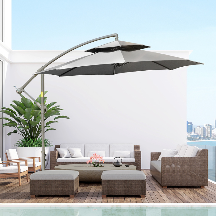 Outsunny Parasol Centilever Parasol Ø2.67 x 2.45 м Кривошипна парасолька з подвійним навісом Поперечна основа Сталь Сталевий Поліестер Сталь Світло-Сірий
