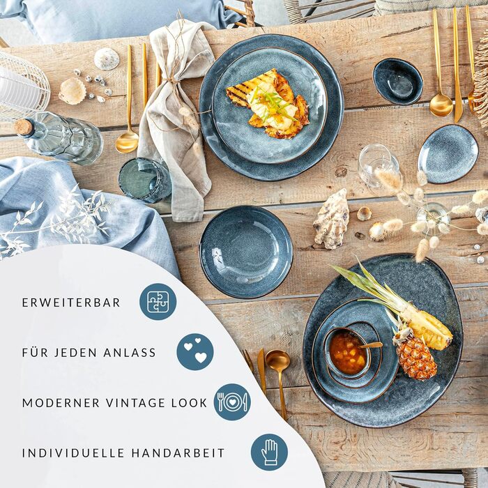 Набір посуду SÄNGER Darwin на 12 осіб, кераміка, блакитний: тарілки обідні, десертні, глибокі - Преміум колекція