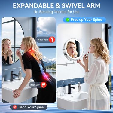 Дзеркало для макіяжу Auxmir з підсвічуванням, перезаряджуване, 3200mAh, для гоління, настінне, з регулюванням яскравості, 3 кольори світла, 360° обертання, для ванної кімнати (срібний, 30X, 10 дюймів)