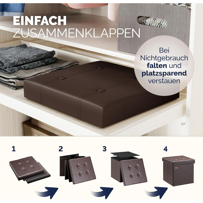 Пуф Casaria® з місцем для зберігання, білий, складний, з м'яким сидінням, 38x38 см. Підходить для спальні, вітальні, передпокою.