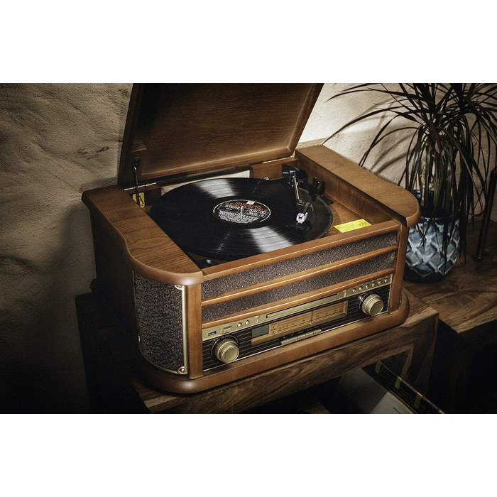 Ретро музичний центр Nostalgie з Bluetooth, касетною декою, CD/MP3/USB програвачем, радіо, програвачем вінілових платівок, AUX IN, записом MP3 та пультом