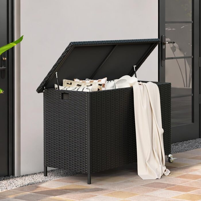 Водонепроникний садовий ящик Amopatio Gartenbox 480л з поліротангу, металевий ящик для подушок на колесах з газліфтом для саду та балкону (чорний)