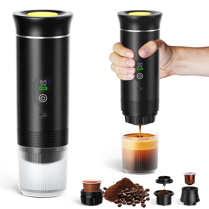 ADOGO Портативна кавомашина для еспресо з акумулятором, 20 Bar, електрична, сумісна з капсулами NS та меленою кавою, для подорожей та кемпінгу