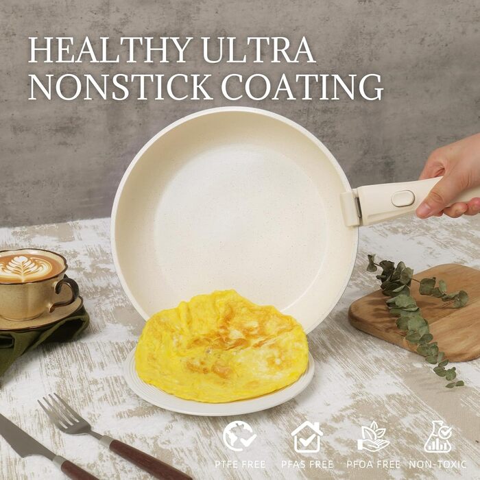 Набір каструль та сковорідок з керамічним покриттям 8 предметів з знімними ручками, індукційне дно, придатні для духовки та мийки, без PFAS/PFOA, кремово-білий