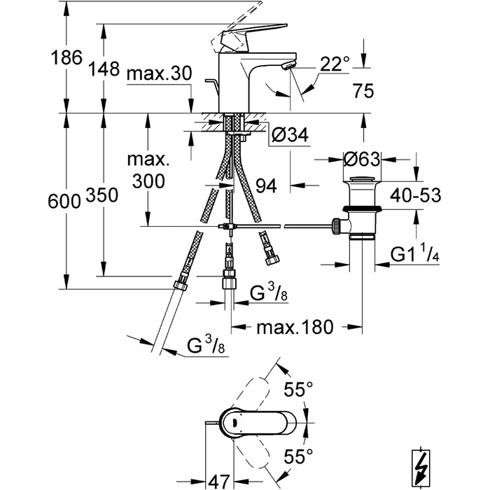 Змішувач для ванної кімнати GROHE Eurosmart Cosmopolitan, хром, 30 см, водозберігаючий, з витяжною штангою, 32830001