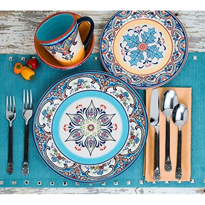 Набір посуду Euro Ceramica Zanzibar Collection, 16 частин, для кухні та їдальні, на 4 особи, з іспанським квітковим візерунком, блакитно-жовтий