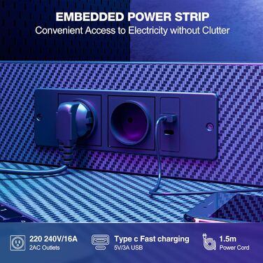 Ігровий стіл Grandder 120 см з розеткою та LED-підсвічуванням, комп'ютерний стіл з регульованими полицями та шухлядою, білий (100 x 50 см, карбоновий дизайн)