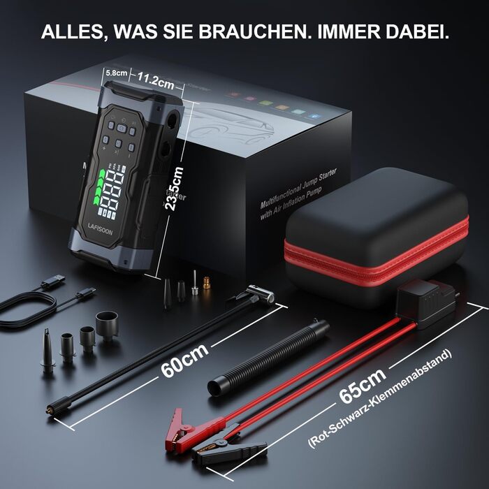 Powerbank з компресором Starthilfe 6500A: акумулятор для автомобіля 12V з повітряним насосом, стартер-бустер (9.0L бензин/8.5L дизель), LED 500 Lumen (чорний), піковий струм 7000A