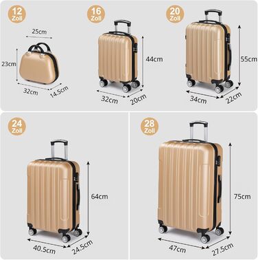 Набір валіз LALAHO 3/4/5 шт. з косметичними сумками, жорсткі валізи з ABS, набір багажу з валізою для макіяжу та ручною покладею, колір шампань