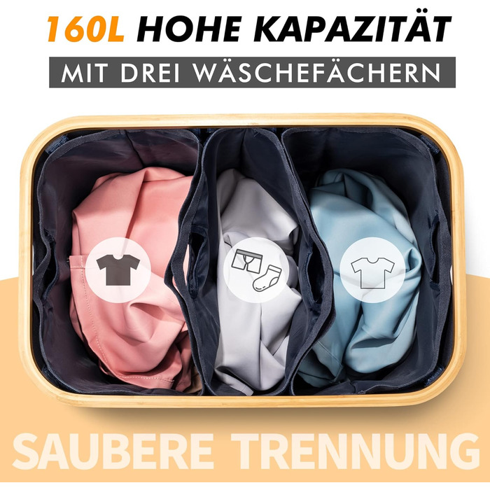 Кошик для білизни AdelDream 160L з кришкою, 3 відділення, колір Navy Blue