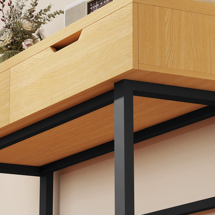 Вузький консольний столик з 2 висувними ящиками, металевим каркасом, для передпокою 110 x 35 x 76,5 см, колір: натуральний дуб