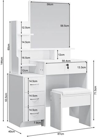 Туалетний столик Dripex з дзеркалом і табуреткою, 4 ящики, білий