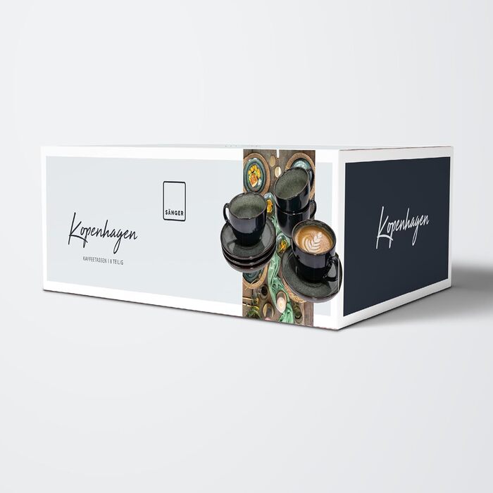 Набір кавових чашок SÄNGER Kopenhagen 8 шт., кавовий сервіз на 4 особи, набір чашок та блюдець, стійкий до миття в посудомийній машині, чашки та блюдця з порцеляни сірого кольору з зеленою внутрішньою стінкою, об'єм 200 мл, PREMIUM COLLECTION