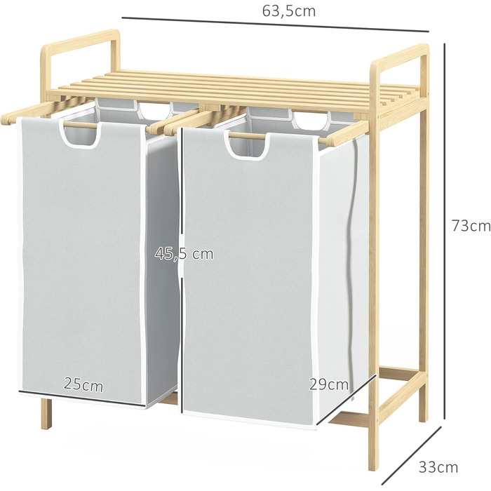 Кошик для білизни HOMCOM з 2 мішками для білизни, бамбук, 63,5x33x73 см, кремовий