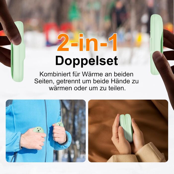 Електричні грілки для рук Lepwings 2 шт, 6000 mAh, багаторазові, 3 режими, до 20 годин тепла, USB-зарядка, для активного відпочинку взимку (чорний, м'ятно-зелений)