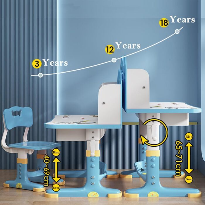 Дитячий письмовий стіл і набір стільців з регулюванням висоти з ящиком, книжкова шафа (Rocket Blue)
