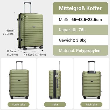 Чемодан KONO середнього розміру з жорсткою обшивкою, PP, з 4 колесами, розширюваний, легкий, з тримачем для напоїв та TSA замком (Зелений, L)