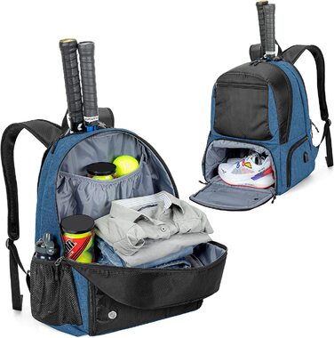 Тенісний рюкзак DSLEAF, Тенісна сумка на 2 ракетки з м'якими плечовими ременями і окреме вентильоване відділення для взуття для чоловіків і жінок синього кольору