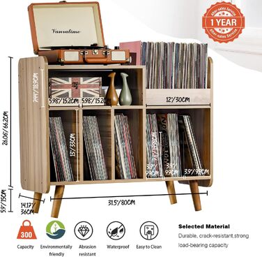 Стіл для програвача, стійка для програвача середини століття з місцем для зберігання до 350+ платівок, шафа для вінілових платівок з регульованими полицями, горіх