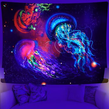 Гобелен Betylifoy з чорним світлом, УФ-реактивний гобелен із зображенням підводного світу, барвистий гобелен в стилі хіпі для спальні, естетична прикраса для дитячої кімнати (130x150 см, медуза)