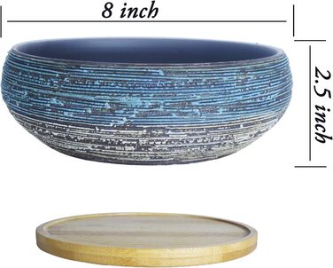 Керамічні горщики для рослин Artketty 8 дюймів (20 см) з дренажем, бамбукова підставка, блакитно-білий колір. Підходять для бонсай, кактусів, квітів, внутрішніх та зовнішніх рослин.