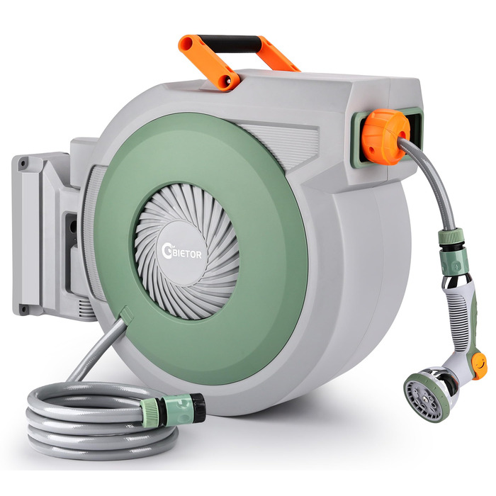 Висувна касета для шланга на стіну, шланг +2м, садовий шланг з пістолетом для поливу, система повільного відмотування, фіксація шланга на будь-якій довжині, поворотна кріплення 180°, (38M)