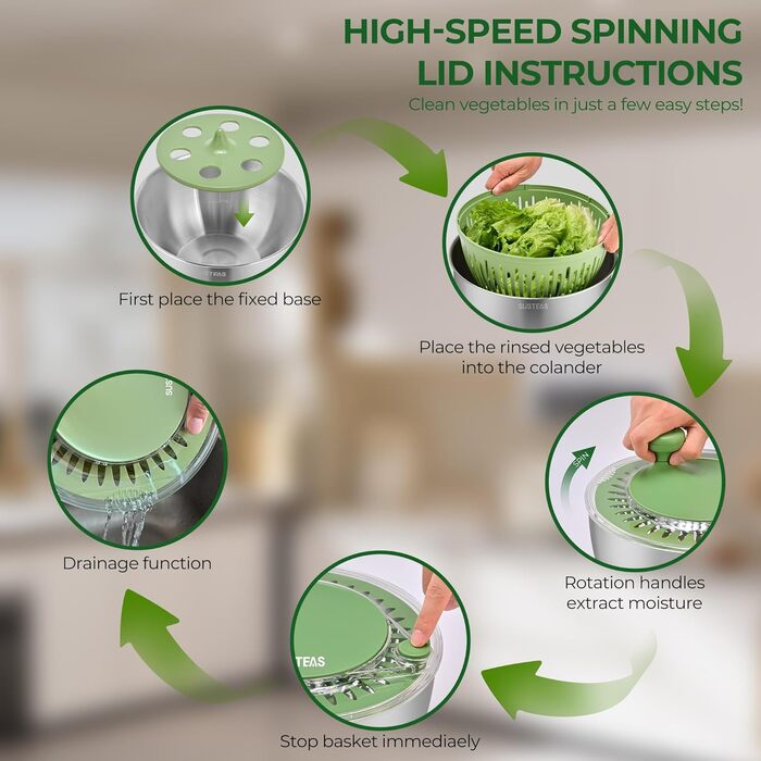 Салатниця-центрифуга з нержавіючої сталі SUSTEAS з 5 лезами, велика миска для миття овочів та фруктів, сушка для салату та зелені