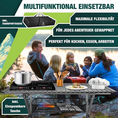 Складаний столик KESSER® для кемпінгу з алюмінієвим каркасом, регульована висота 90x53 см, до 100 кг, з сумкою та сітчастою кишенею (145x70 см, антрацит)