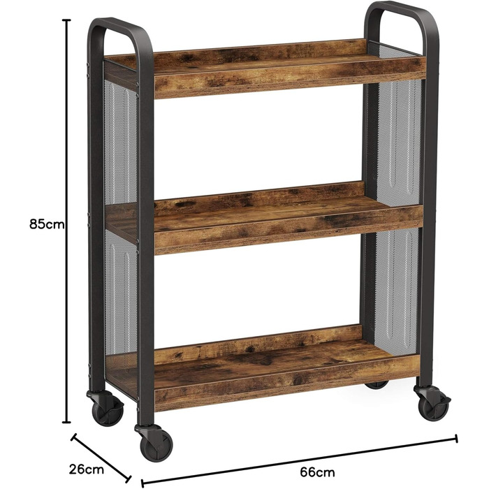 Візок для кухні VASAGLE, сервірувальний візок з колесами, регульовані ніжки, металевий каркас, 66x26x85 см, вінтажний коричнево-чорний