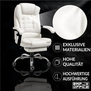 Ергономічне крісло для офісу RMF, регульоване, зручне та розслаблююче - крісло з підніжкою, обертається, регулюється по висоті, біле