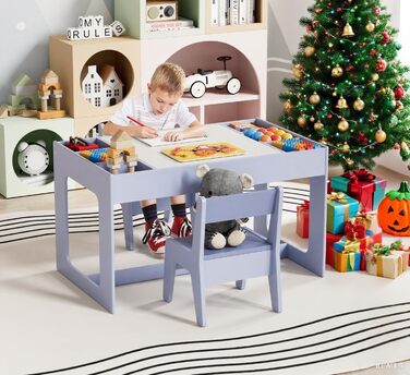 Дитячий стіл та комплект стільців Mamizо з місцем для зберігання, блакитний. Підходить для дитячої кімнати, школи, дитячого садка, від 3 років.