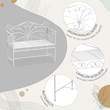 Міцна садова лавка на двох осіб, паркова лавка з нержавіючої сталі, садові меблі 111 x 50 x 98 см, біла