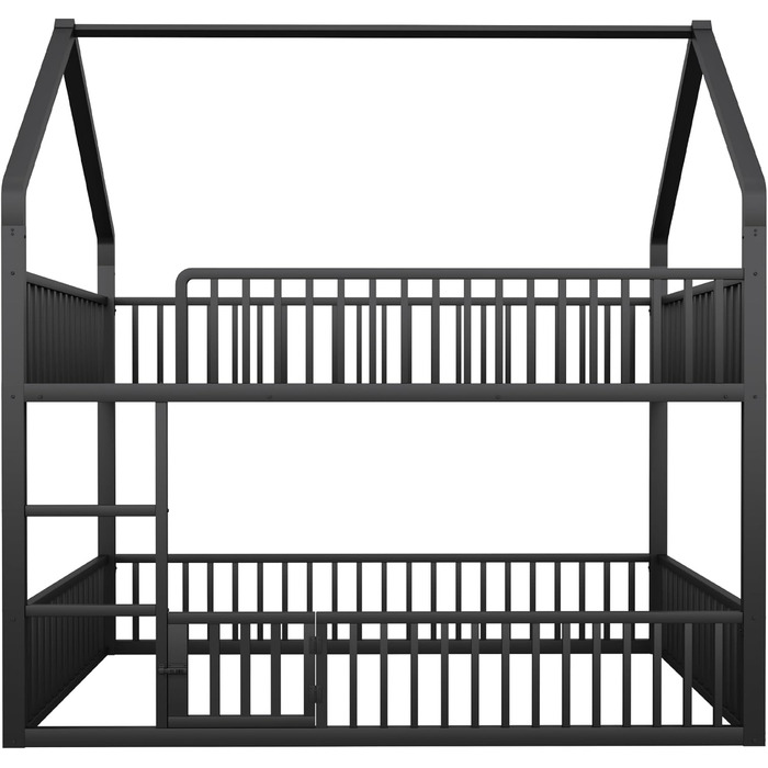 Двоярусне ліжко 140x200 см для 2 дітей, з будиночком, сходами та дверцятами, металеве, з захистом від падіння та ламелями (чорне)